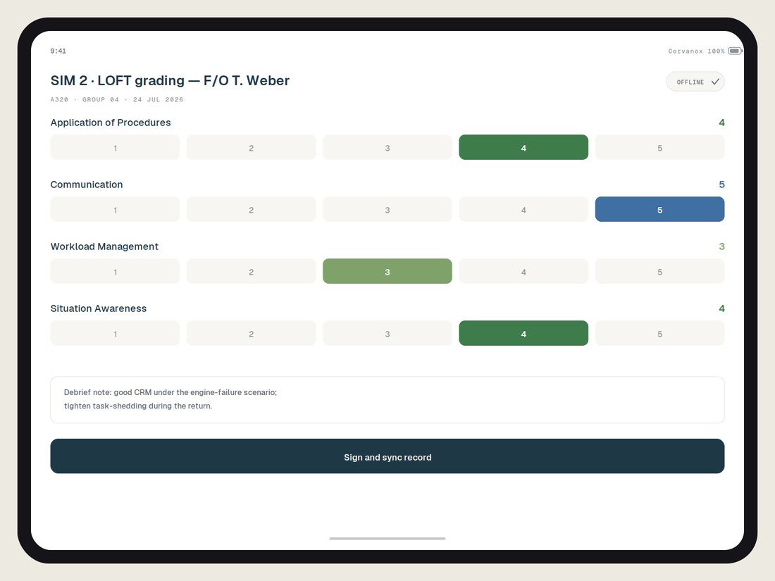 Corvanox iPad app — LOFT session grading