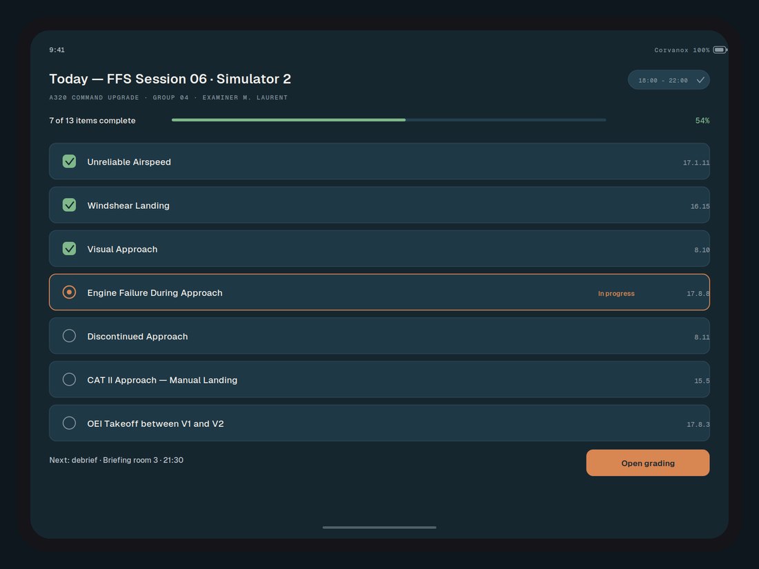 Corvanox iPad app — session checklist