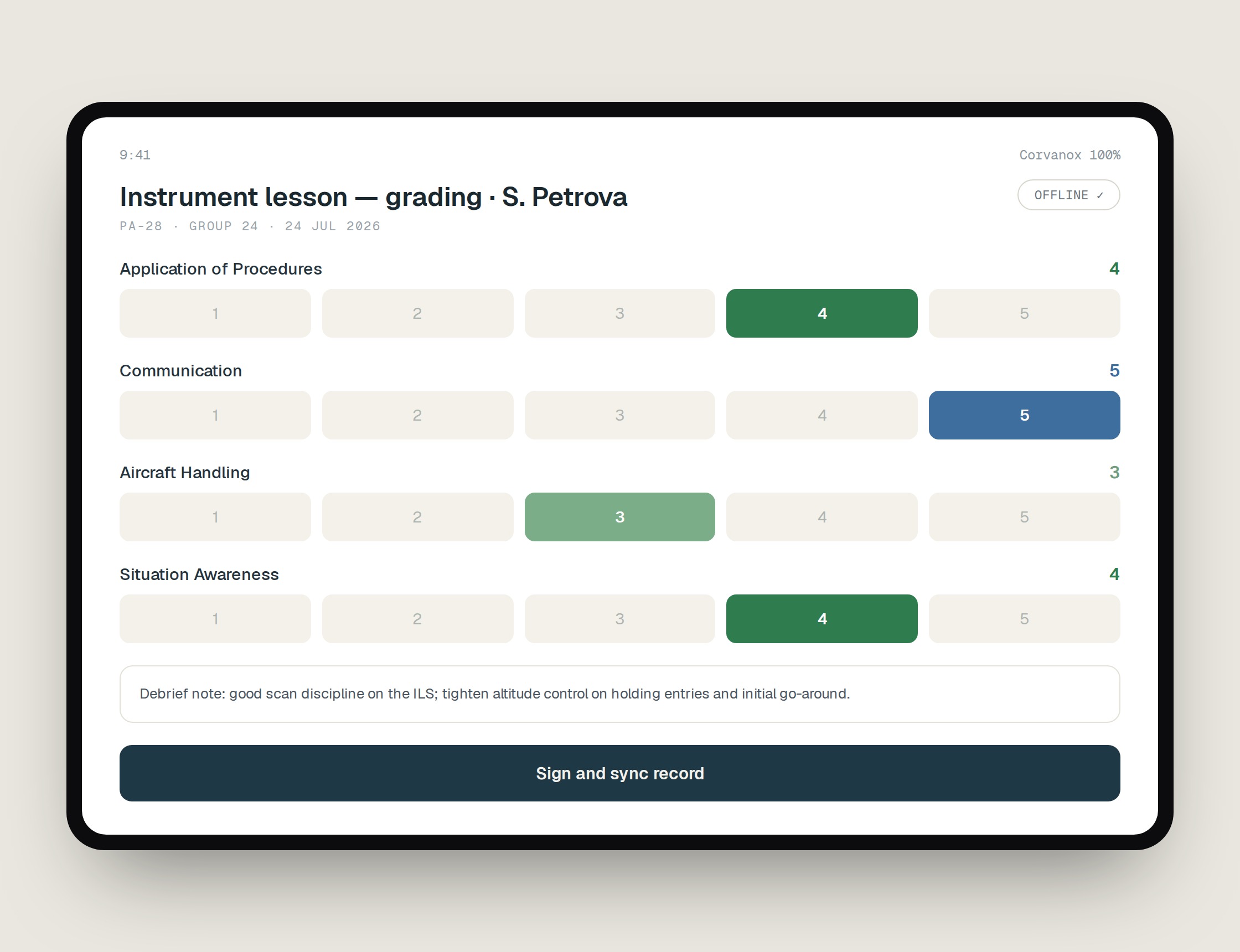 Corvanox iPad app — instrument lesson grading